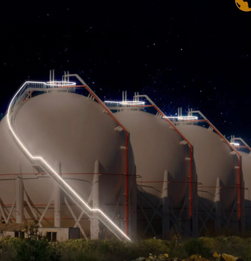 Illuminated industrial storage spheres at night